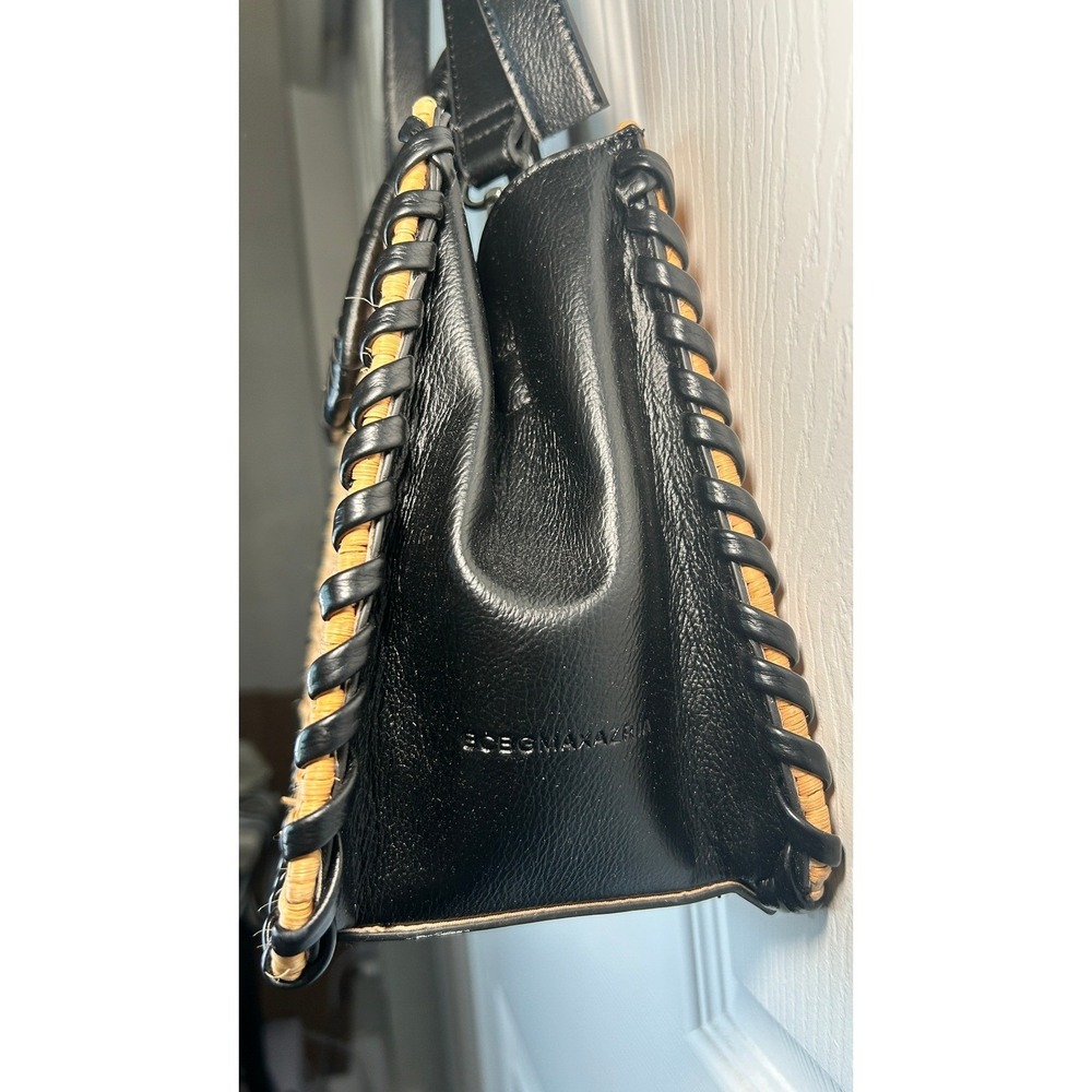 BCBGMAXAZRIA Wicker Whipstitch Woven Straw Top Handle Bag Black Leather Trim - Picture 5 of 9